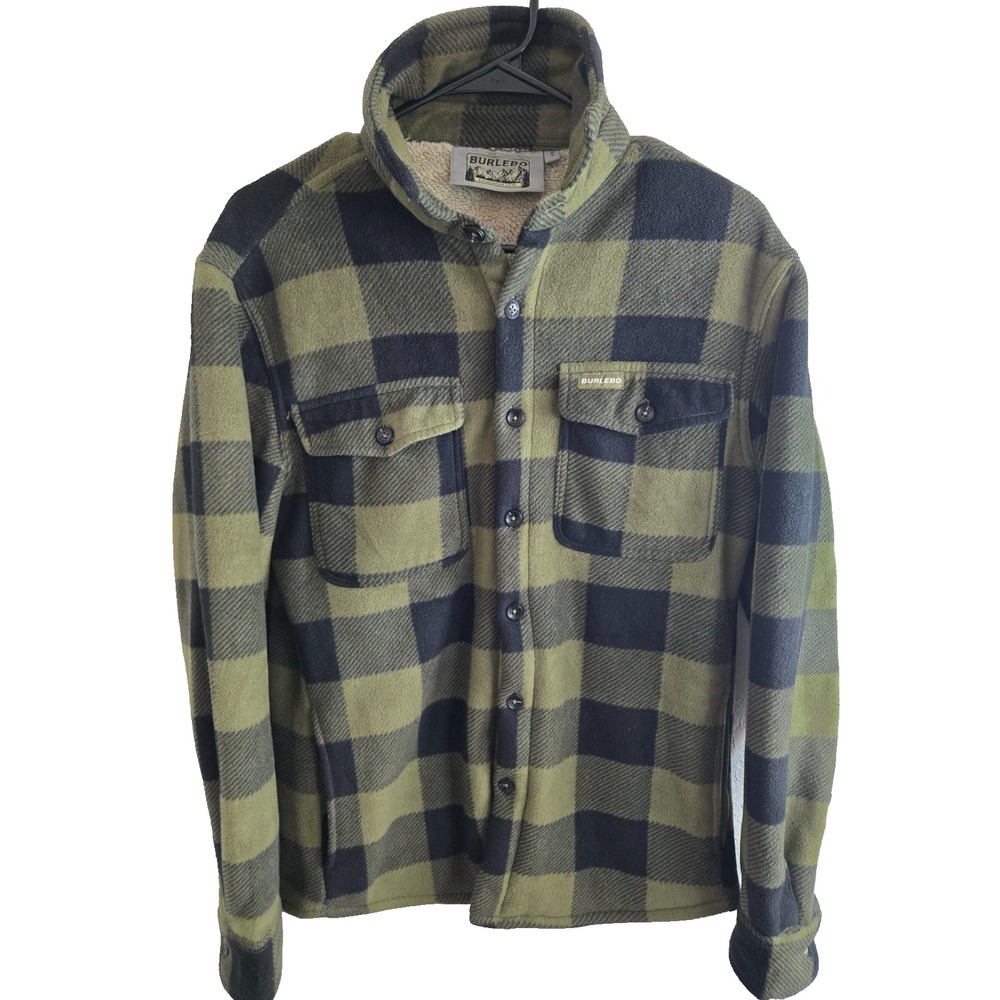 Burlebo Flannel Button Up Fleece Linned Shirt Mens Size Small Green Black Plaid